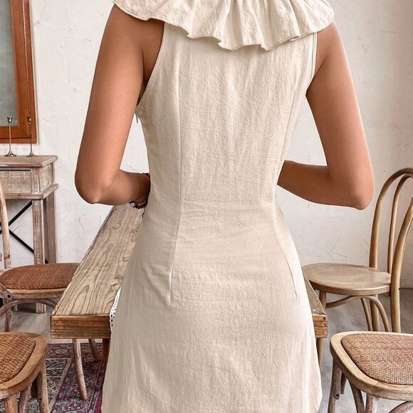 Apricot Casual Women's Old Money Style Solid Color Ruffled Sleeveless Dress - Picture 2 of 7